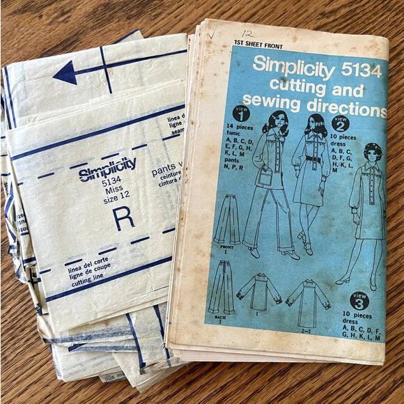 Vintage 1970s Simplicity 5134 Sewing Pattern Size S 12 Dress Tunic Pant COMPLETE - Picture 2 of 3